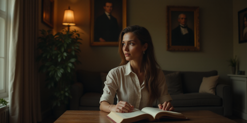 a woman sitting at a table with a book in front of her and a portrait of a man in the background, Ar
