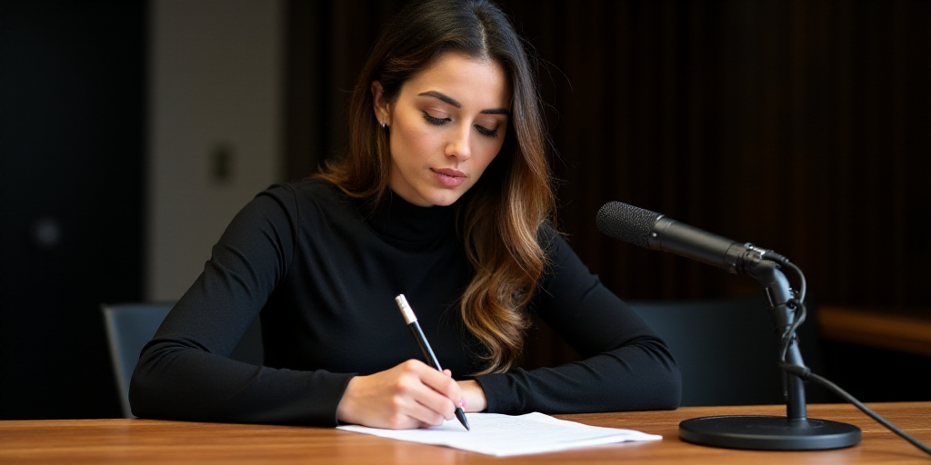 a woman sitting at a table writing on a piece of paper with a pen and a microphone in front of her,