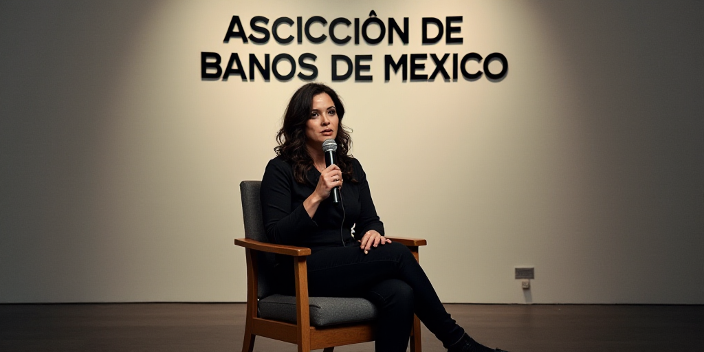 a woman sitting in a chair holding a microphone in front of a wall with a sign behind her that says