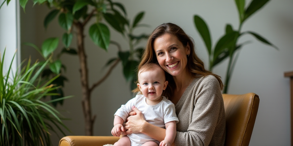 a woman sitting in a chair holding a baby in her lap and smiling at the camera with a potted plant i