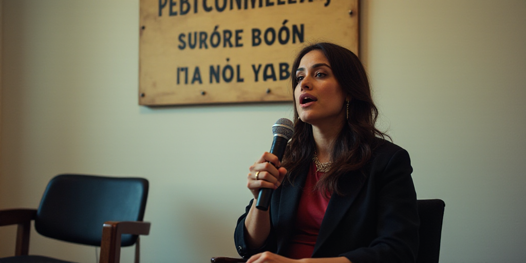 a woman sitting in a chair holding a microphone in front of a wall with a sign behind her that says