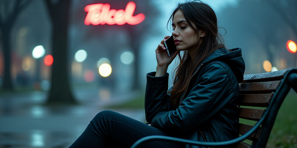 a woman sitting on a bench in a park with a cell phone to her ear and a telcel logo above her, Arace