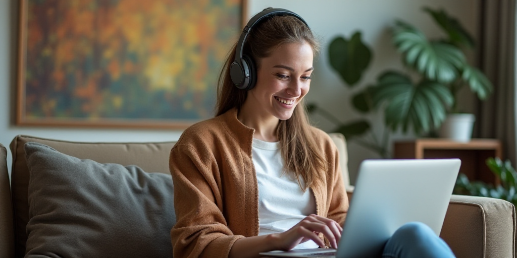 a woman sitting on a couch with a laptop computer in her lap and headphones on her ears, smiling, Ar