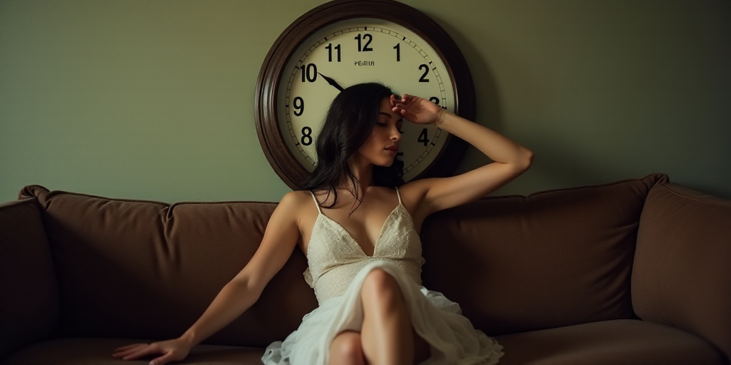 a woman sitting on a couch with her arm up and a clock above her head behind her head is a clock, Ar
