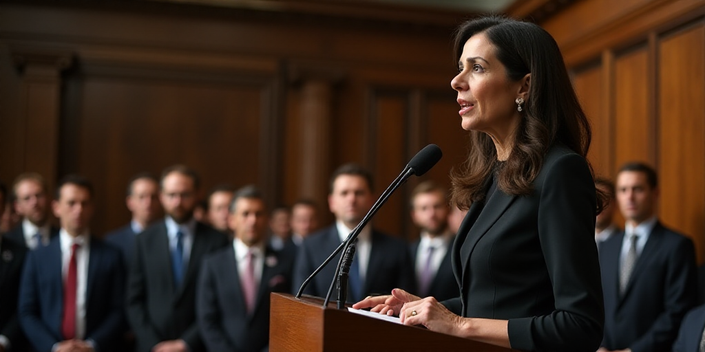 a woman standing at a podium in front of a group of people in suits and ties, with a microphone in f