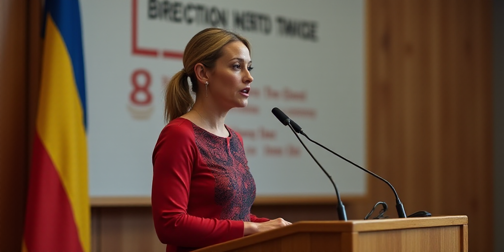 a woman standing at a podium in front of a flag and a microphone in front of a wall with a sign, Ann
