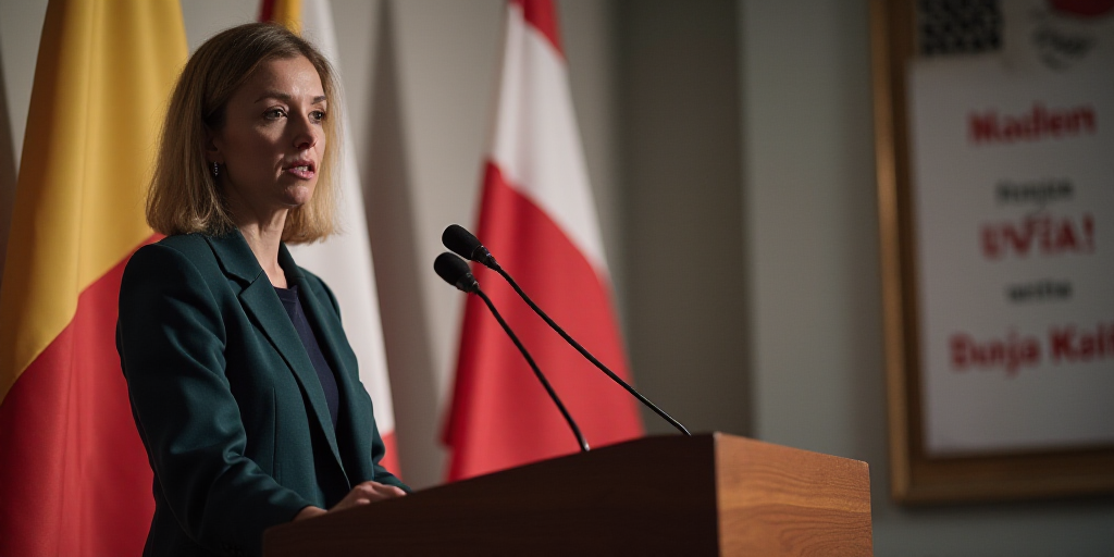 a woman standing at a podium in front of a flag and a microphone in front of a wall with a sign, Ann