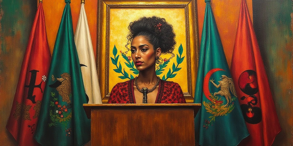 a woman standing at a podium in front of flags and a painting of a woman in mexico behind her, David
