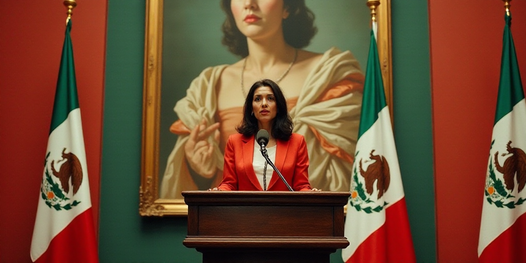 a woman standing at a podium in front of flags and a painting of a woman in mexico behind her, David