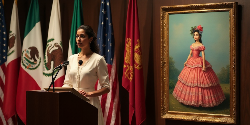 a woman standing at a podium in front of flags and a painting of a woman in a mexican dress, Araceli
