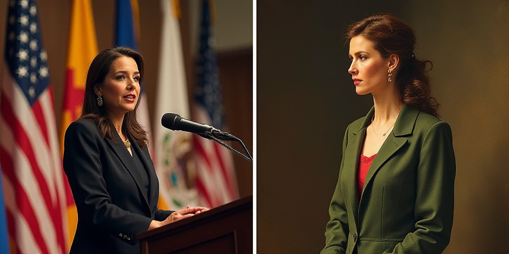 a woman standing at a podium in front of flags and a painting of a woman in a dress and a coat, Arac