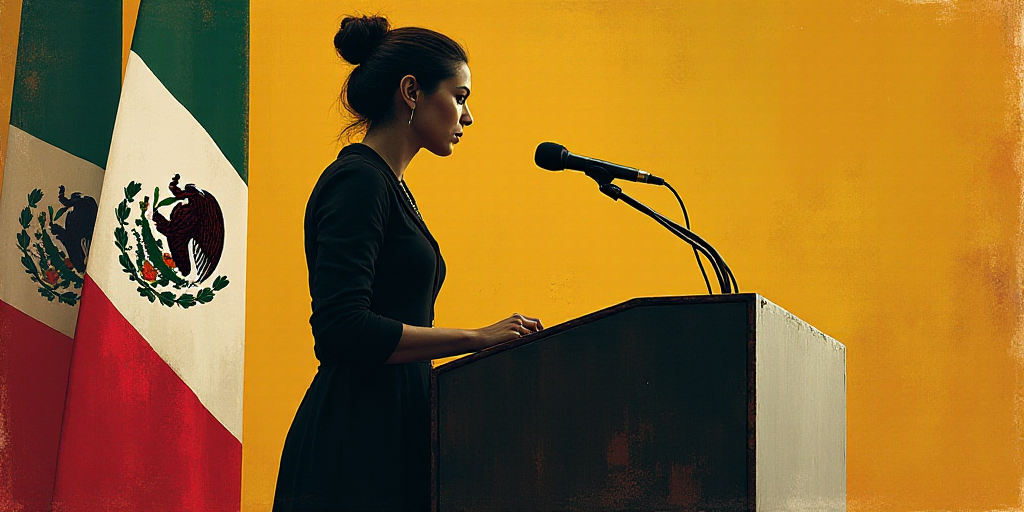 a woman standing at a podium in front of flags of mexico and mexico, with a microphone in front of h