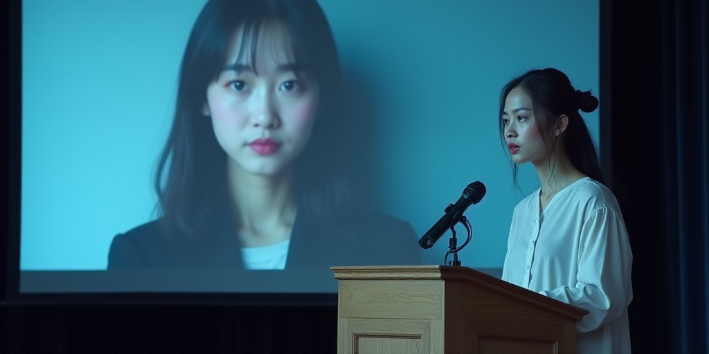 a woman standing at a podium in front of a screen with a picture of a woman on it and a microphone,