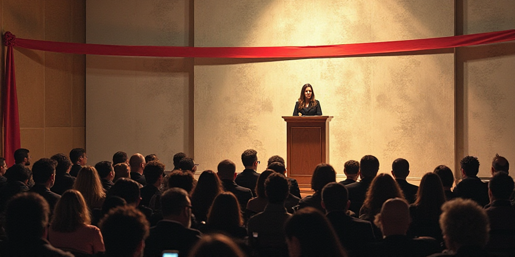 a woman standing at a podium in front of a crowd of people in front of a wall with a ribbon, Aníbal