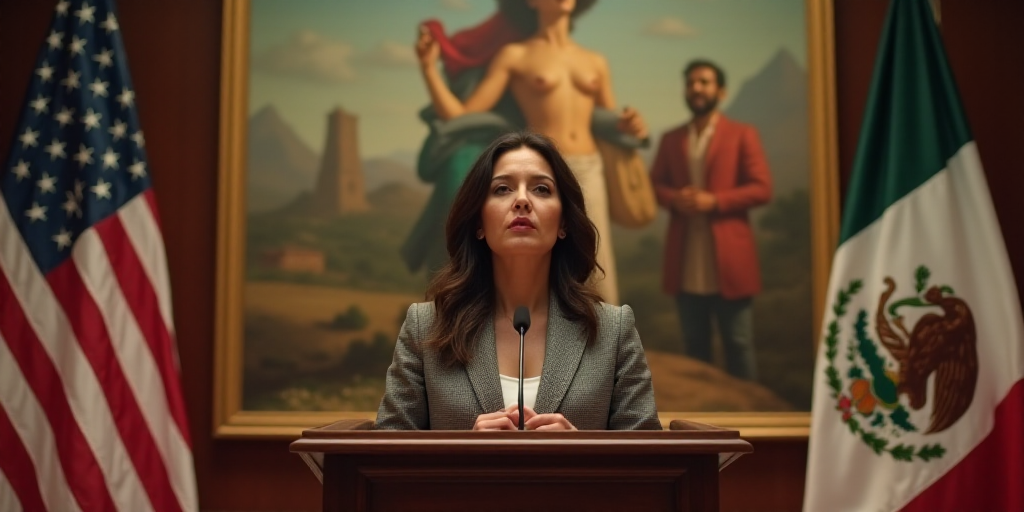 a woman standing at a podium in front of flags and a painting of a woman in mexico behind her, Arace