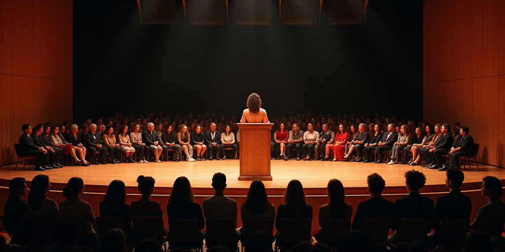 a woman standing at a podium in front of a crowd of people sitting down and standing on a stage, Ame