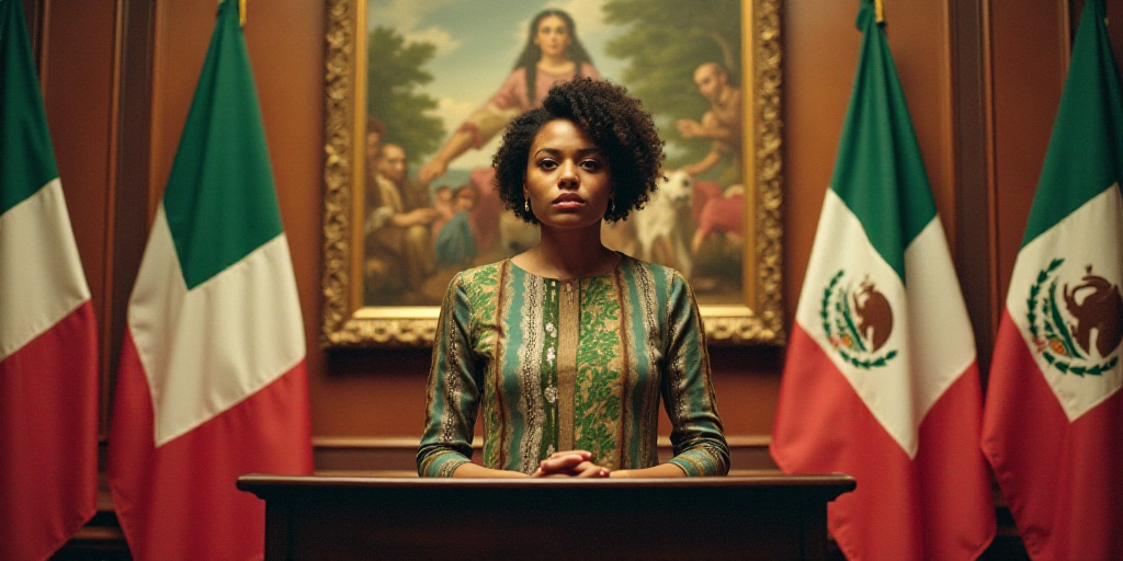 a woman standing at a podium in front of flags and a painting of a woman in mexico behind her, David