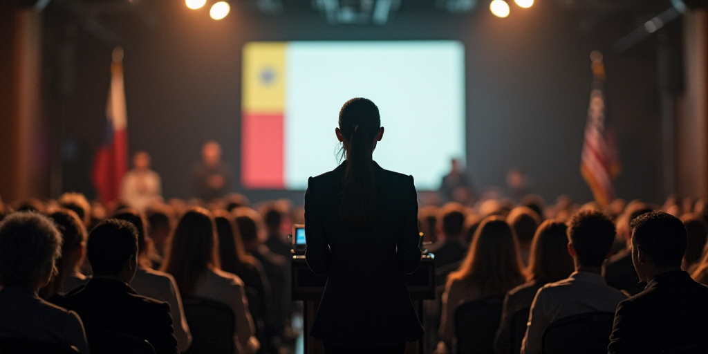 a woman standing at a podium in front of a crowd of people in front of a screen with a flag, Carlos