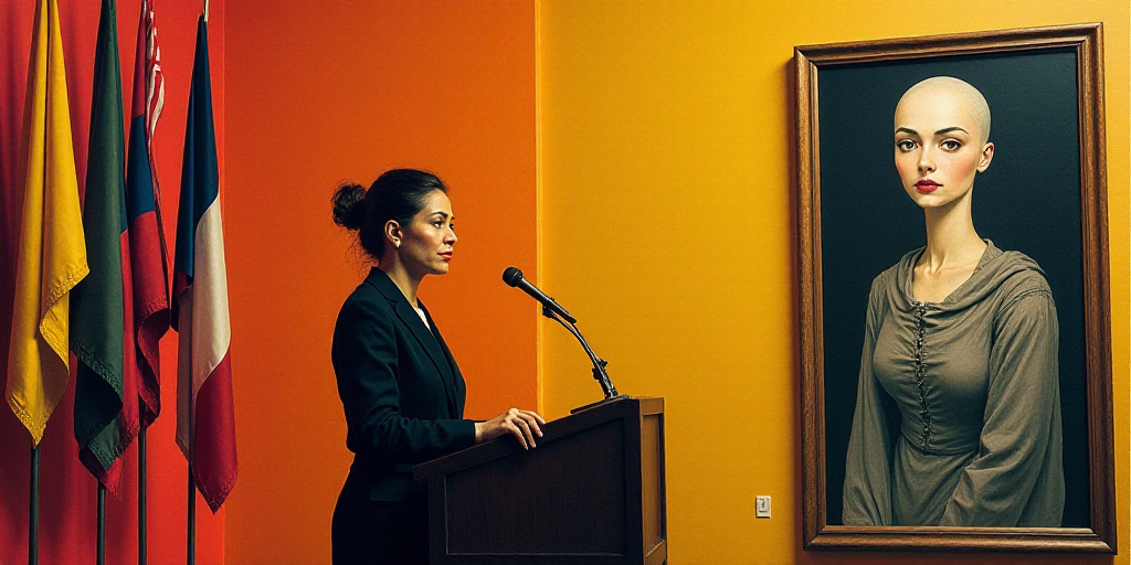 a woman standing at a podium in front of flags and a painting of a woman with a bald head, David Alf