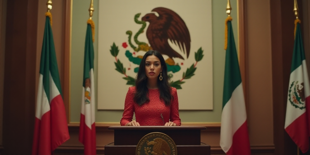 a woman standing at a podium in front of flags and a painting of a mexican eagle on the wall, Eva Go