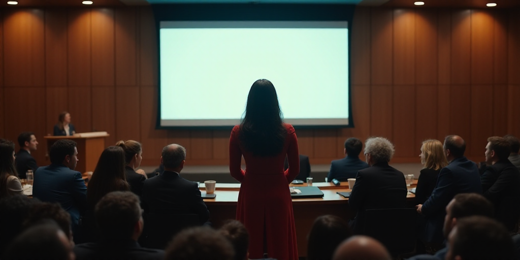a woman standing at a podium in front of a crowd of people in a room with a large screen, Amelia Pel