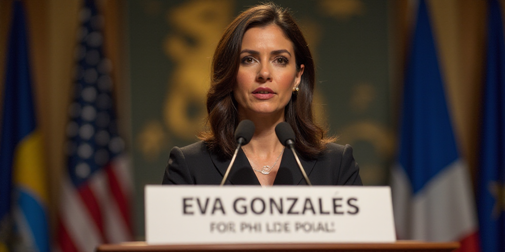 a woman standing at a podium with a microphone in front of her and a sign behind her that says confe