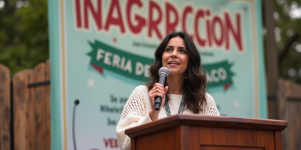 a woman standing at a podium with a microphone in her hand and a sign behind her that says inagurrcc
