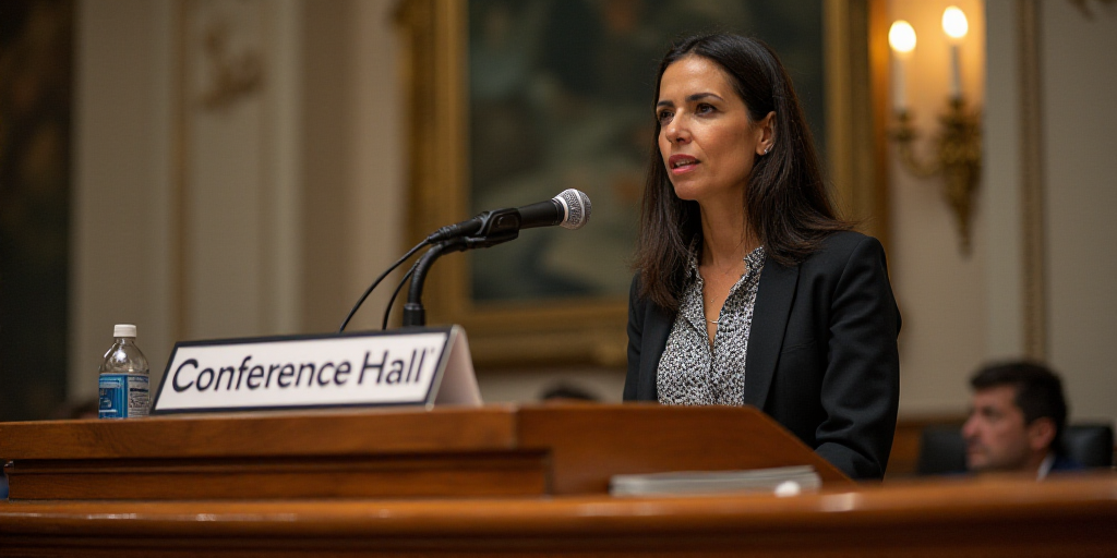 a woman standing at a podium with a microphone in front of her and a sign behind her that says confe