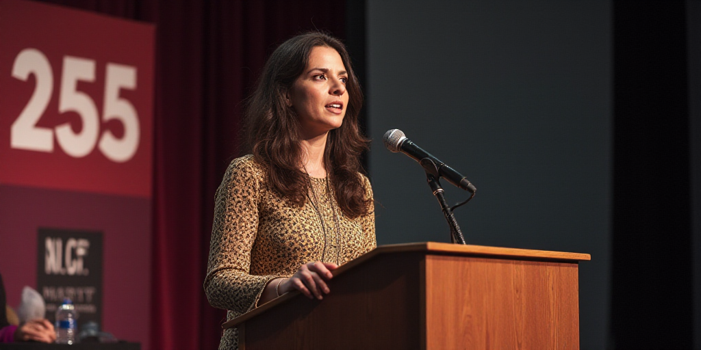 a woman standing at a podium with a microphone in front of her and a sign behind her that says 2055,