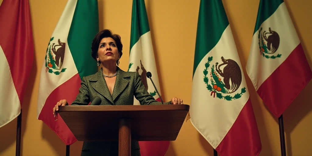 a woman standing at a podium with a microphone in front of flags of mexico and mexico on the wall, D