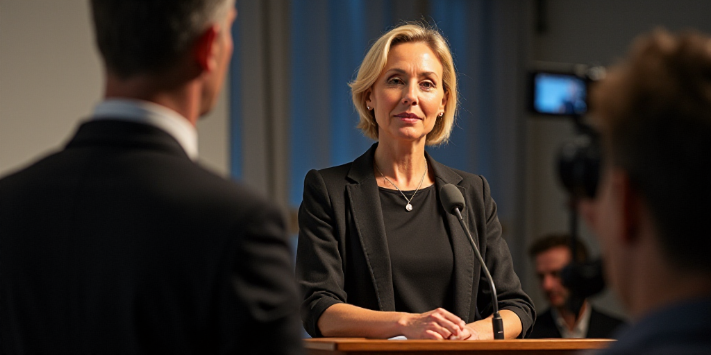 a woman standing at a podium with a microphone in front of her and a camera behind her and a man in