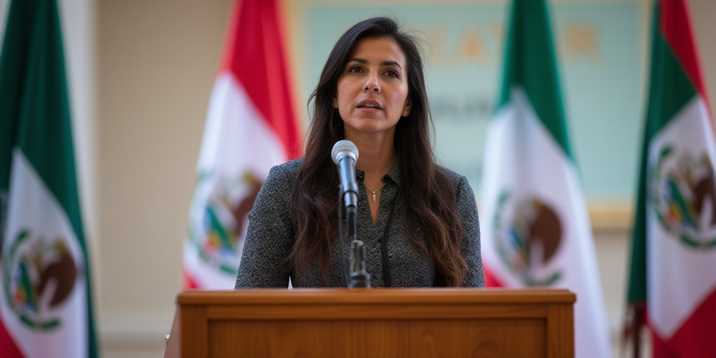 a woman standing at a podium with a microphone in front of a banner and a flag behind her and a bann