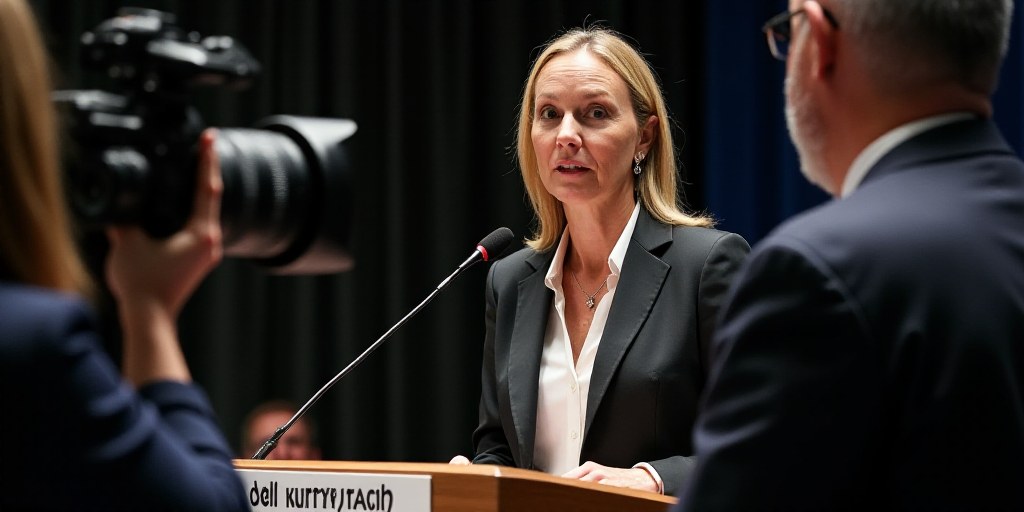 a woman standing at a podium with a microphone in front of her and a camera behind her and a man in