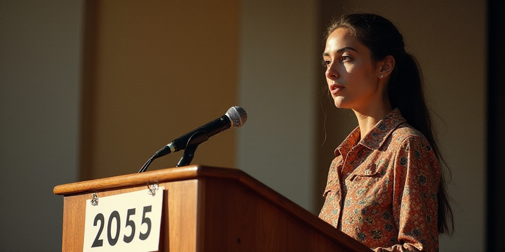 a woman standing at a podium with a microphone in front of her and a sign behind her that says 2055,