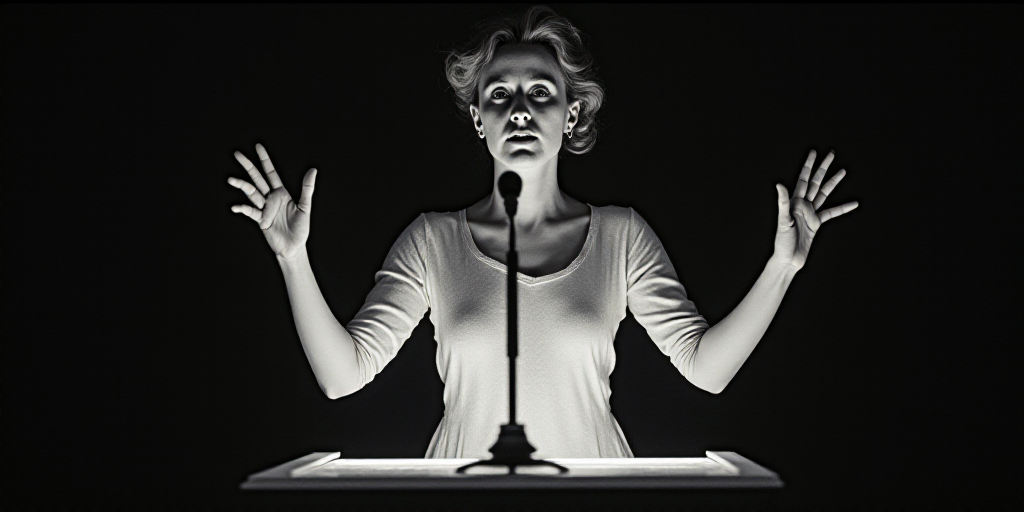 a woman standing at a podium with her hands up in front of her and a microphone in front of her, Ann