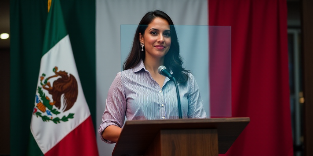 a woman standing at a podium with a microphone in front of a flag and a banner behind her with a mex