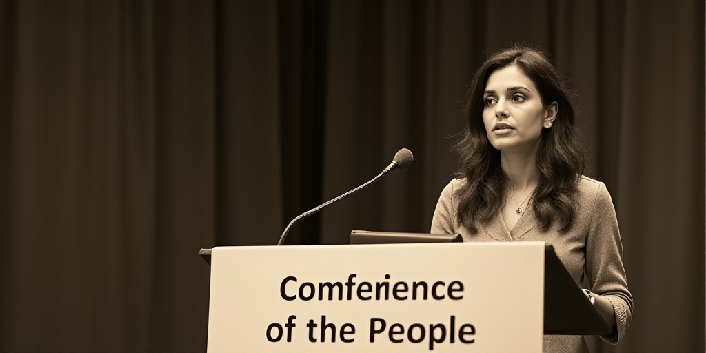 a woman standing at a podium with a microphone in front of her and a sign behind her that says confe