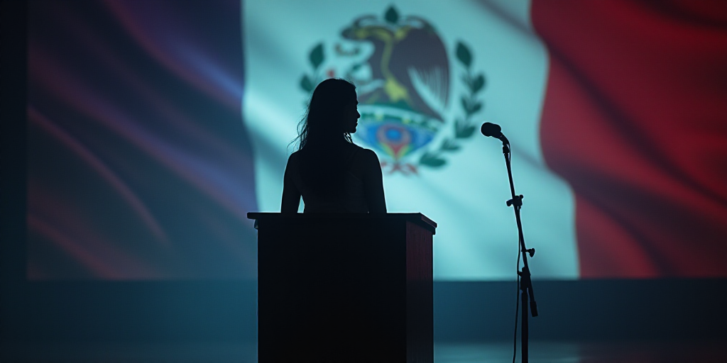 a woman standing at a podium with a microphone in front of a flag and a microphone in front of a mic