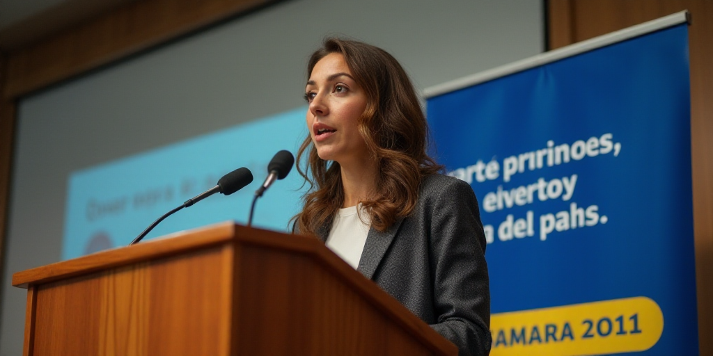 a woman standing at a podium with a microphone in front of her and a banner behind her that says con