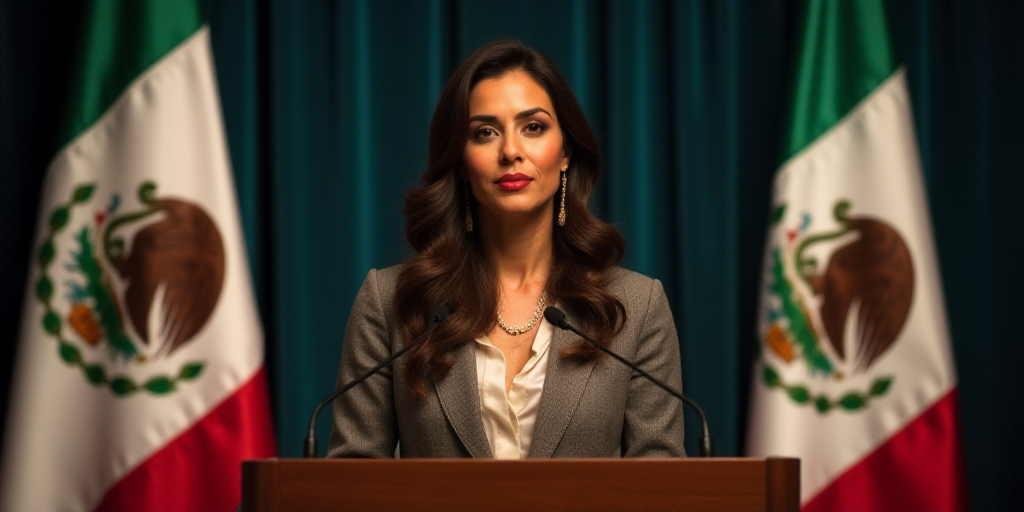 a woman standing at a podium with a flag behind her and a mexican flag behind her and a mexican flag