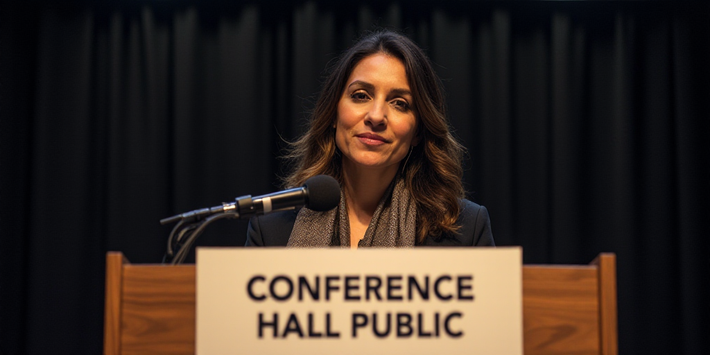 a woman standing at a podium with a microphone in front of her and a sign behind her that says confe