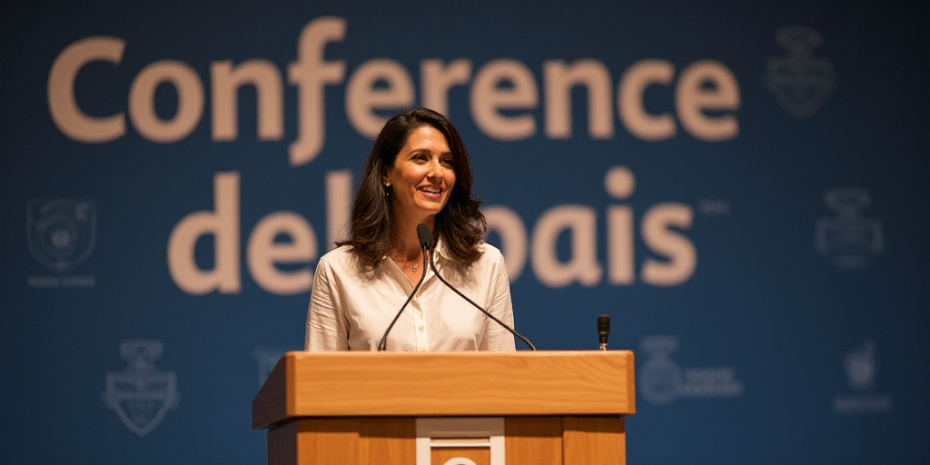 a woman standing at a podium with a microphone in front of her and a banner behind her that says con