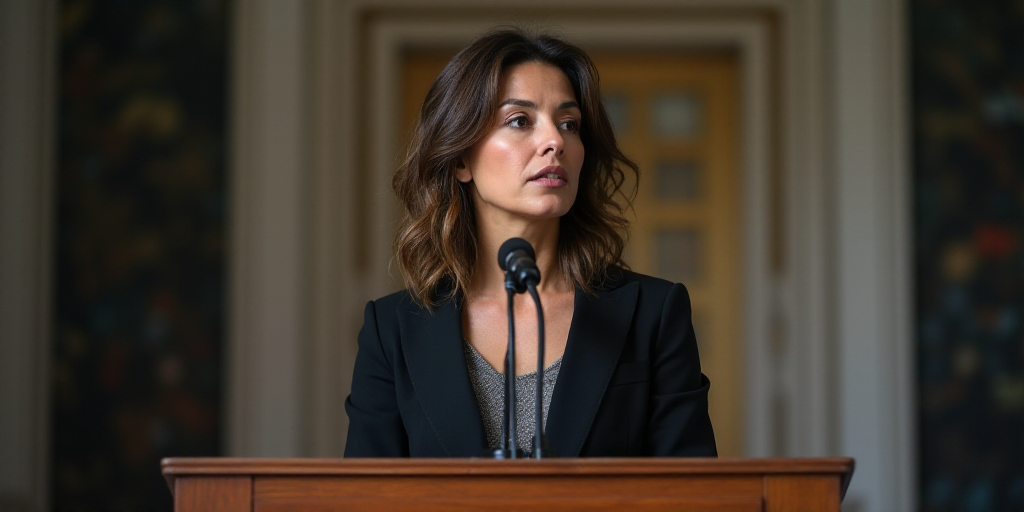 a woman standing at a podium with a microphone in front of her and a microphone in front of her, Eva
