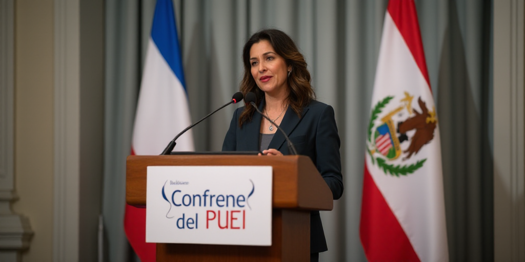 a woman standing at a podium with a flag behind her and a banner behind her that says confere del pu