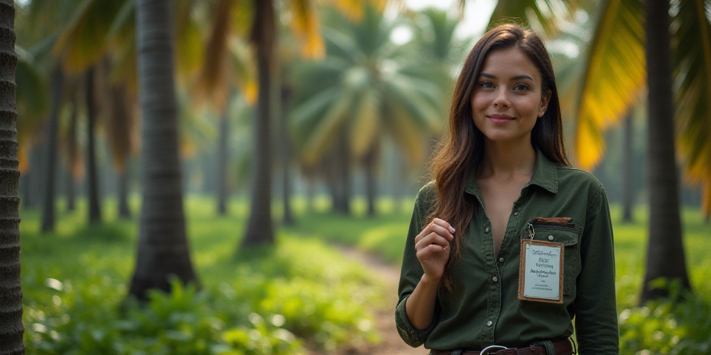 a woman standing in a forest with a tag in her hand and a badge in her hand, with palm trees in the