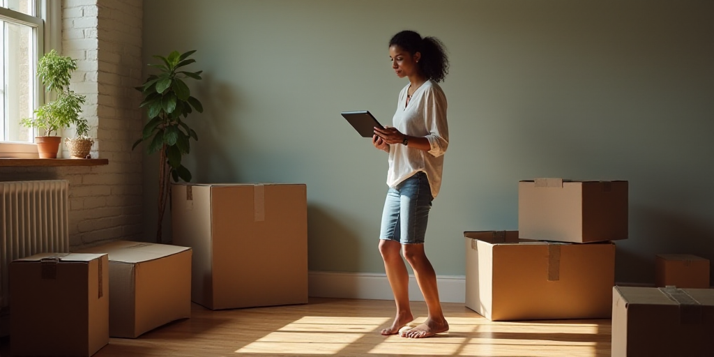 a woman standing in a room with boxes and boxes on the floor and a tablet in her hands,, Dennis Ashb