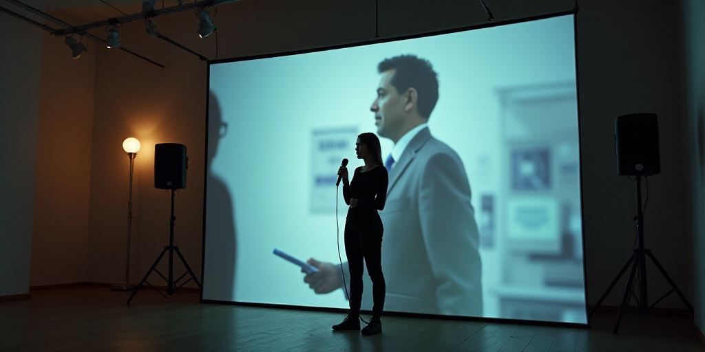 a woman standing in front of a sign with a microphone in her hand and a man in the background, Feder