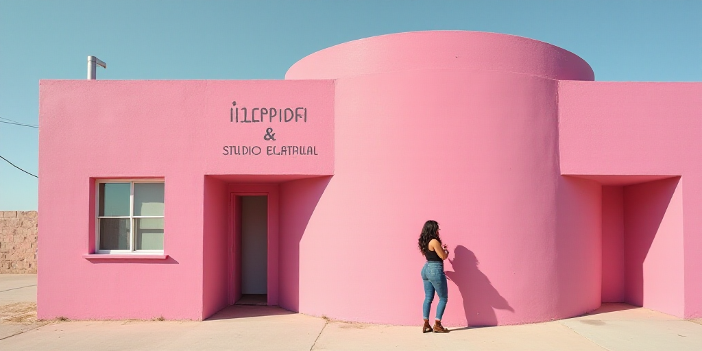 a woman standing in front of a pink building with a sign that says studio electrical on it's side, E