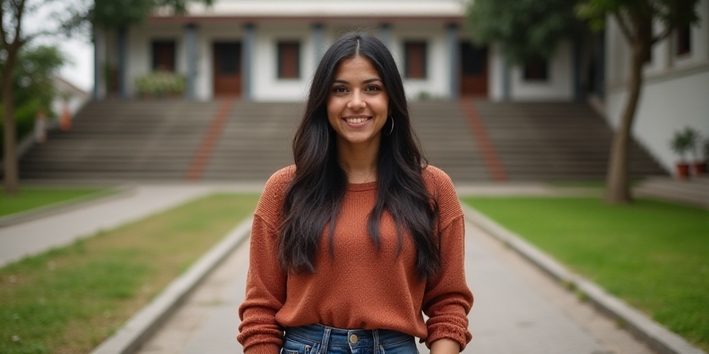 a woman standing in front of a building with steps and trees in the background and a building with s