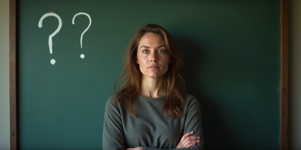 a woman standing in front of a chalkboard with question marks on it and a chalkboard behind her, Cla